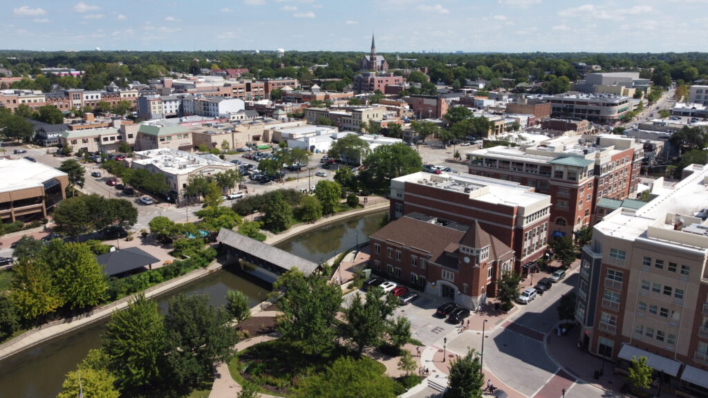 Aerial view of downtown Naperville and the Riverwalk