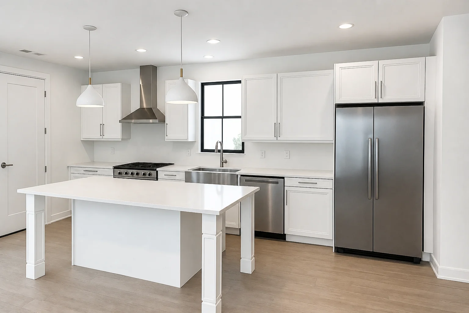 Modern white kitchen with island and stainless steel appliances at West Street Homes in Naperville